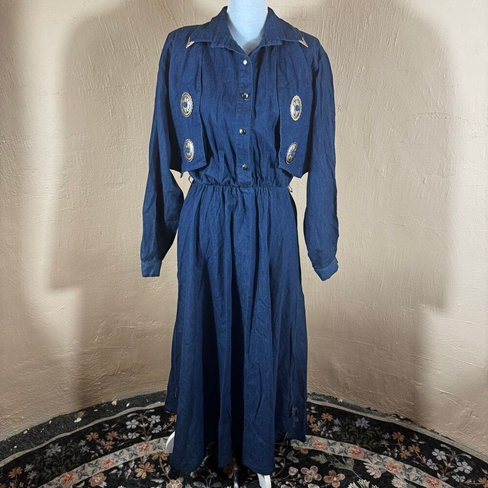 Sassa Ltd. Vintage 1980s Dark Wash Denim Western Dress – Silver Concho & Collar - Picture 2 of 8